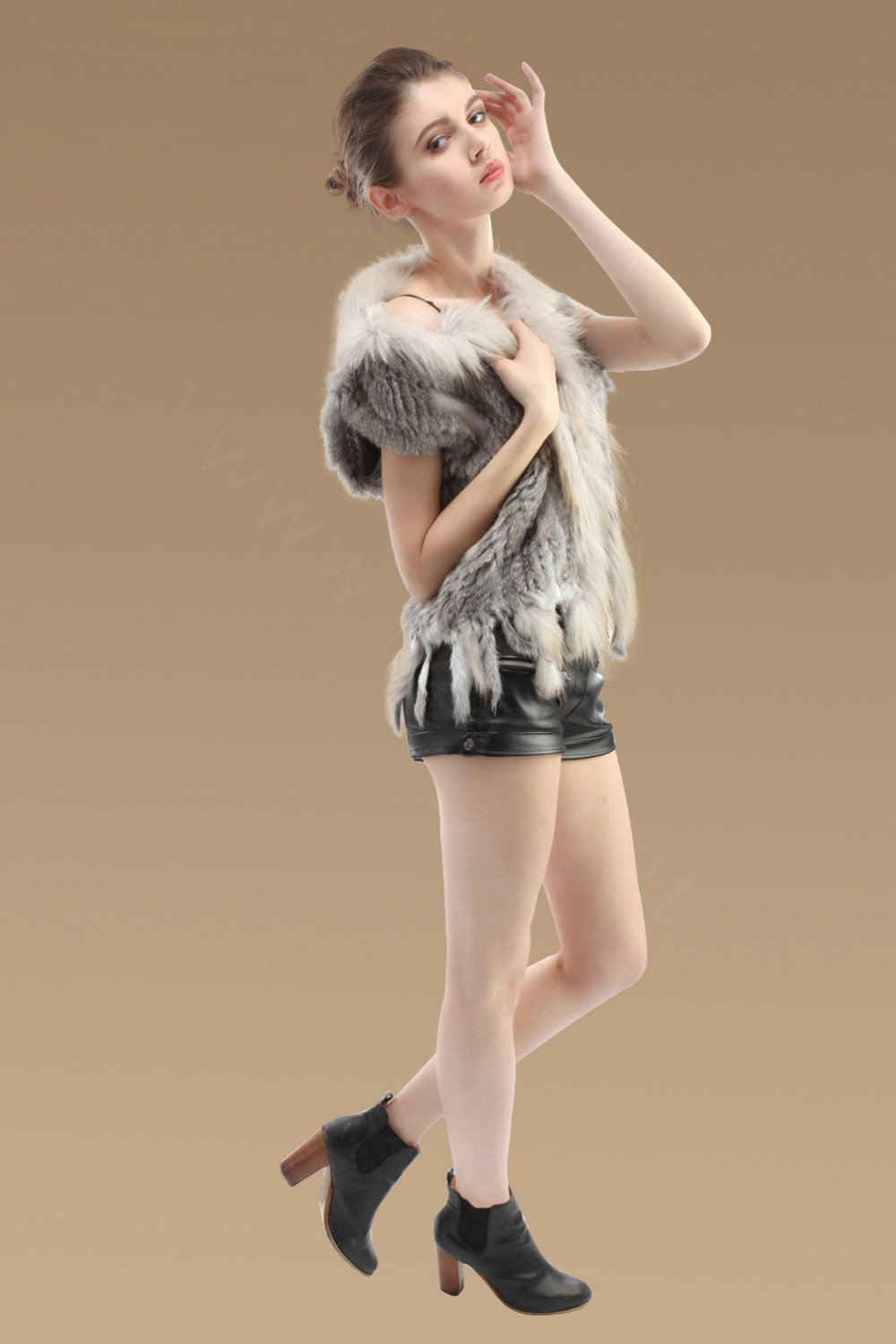 Luxury Real Rabbit Fur Vest Raccoon Fur Collar Women Knitted Warm Fur Waistcoats - Natural Grey