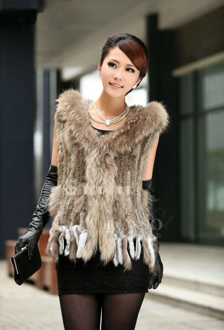 Luxury Women Natural Rabbit Fur Vest With Hooded Large Raccoon Fur Collar Tassels Gilet - Brown