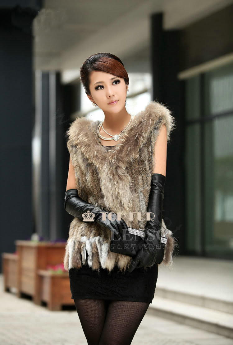 Luxury Women Natural Rabbit Fur Vest With Hooded Large Raccoon Fur Collar Tassels Gilet - Brown