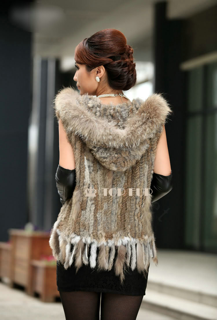 Luxury Women Natural Rabbit Fur Vest With Hooded Large Raccoon Fur Collar Tassels Gilet - Brown