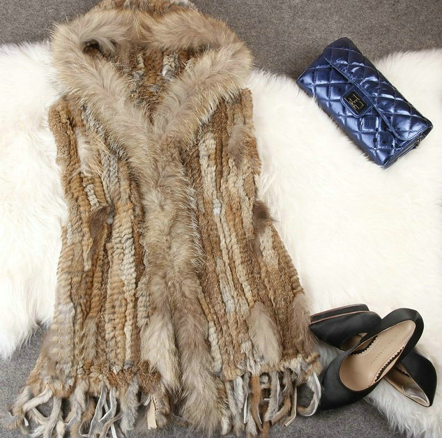 Luxury Women Natural Rabbit Fur Vest With Hooded Large Raccoon Fur Collar Tassels Gilet - Brown