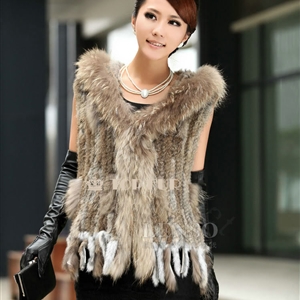 Luxury Women Natural Rabbit Fur Vest With Hooded Large Raccoon Fur Collar Tassels Gilet - Brown
