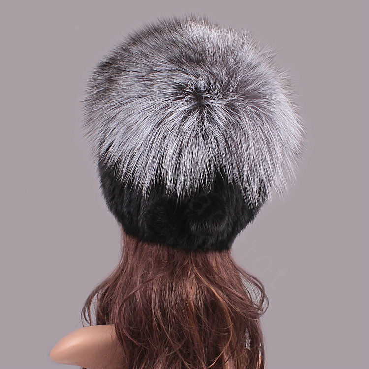 Luxury Women Winter Knitted Beanies Genuine Mink Fur Hat With Silver Fox Fur Pom Poms Top - Black