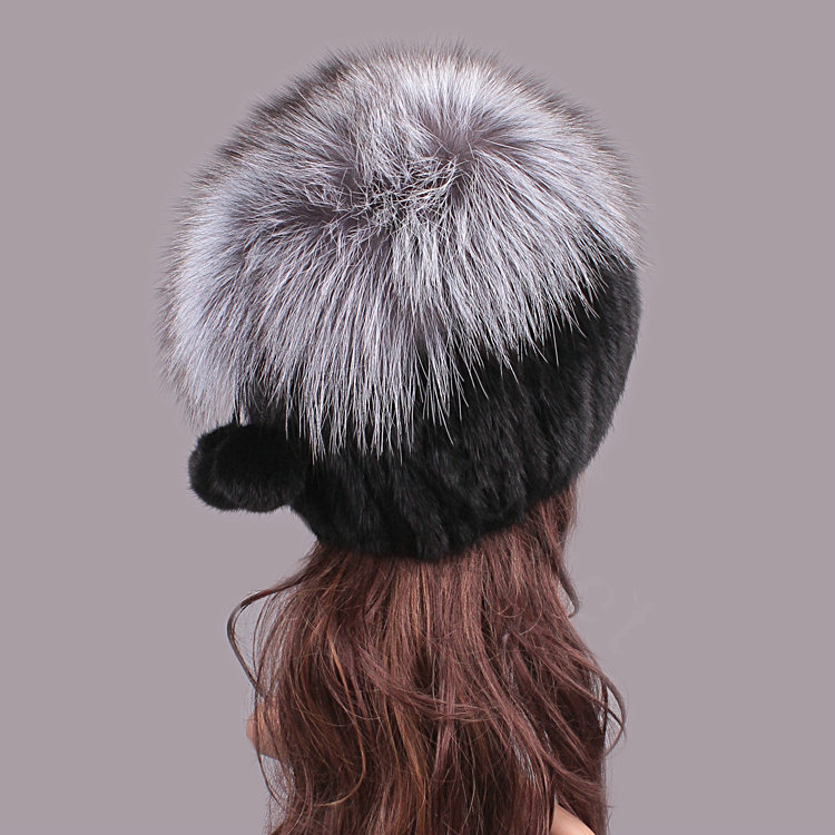 Luxury Women Winter Knitted Beanies Genuine Mink Fur Hat With Silver Fox Fur Pom Poms Top - Black