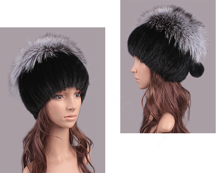 Luxury Women Winter Knitted Beanies Genuine Mink Fur Hat With Silver Fox Fur Pom Poms Top - Black