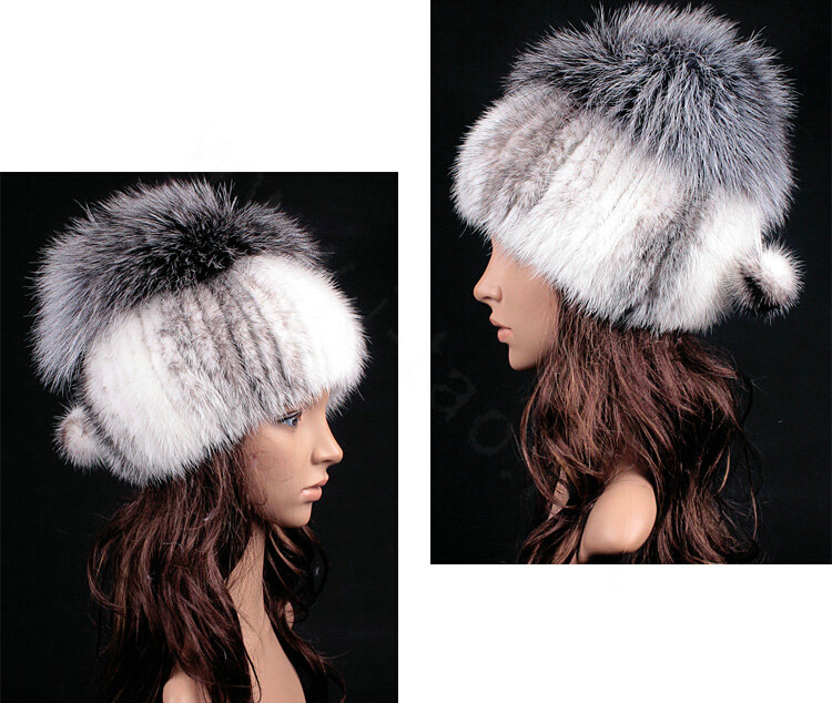 Luxury Women Winter Knitted Beanies Genuine Mink Fur Hat With Silver Fox Fur Pom Poms Top - White Grey