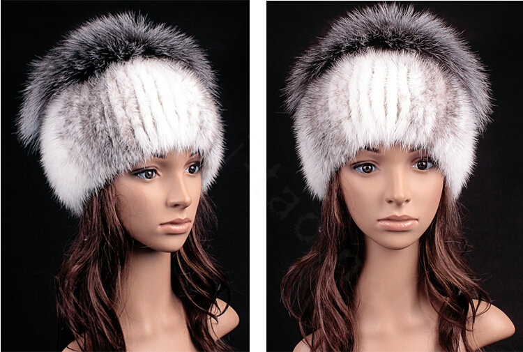 Luxury Women Winter Knitted Beanies Genuine Mink Fur Hat With Silver Fox Fur Pom Poms Top - White Grey
