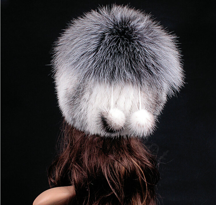 Luxury Women Winter Knitted Beanies Genuine Mink Fur Hat With Silver Fox Fur Pom Poms Top - White Grey