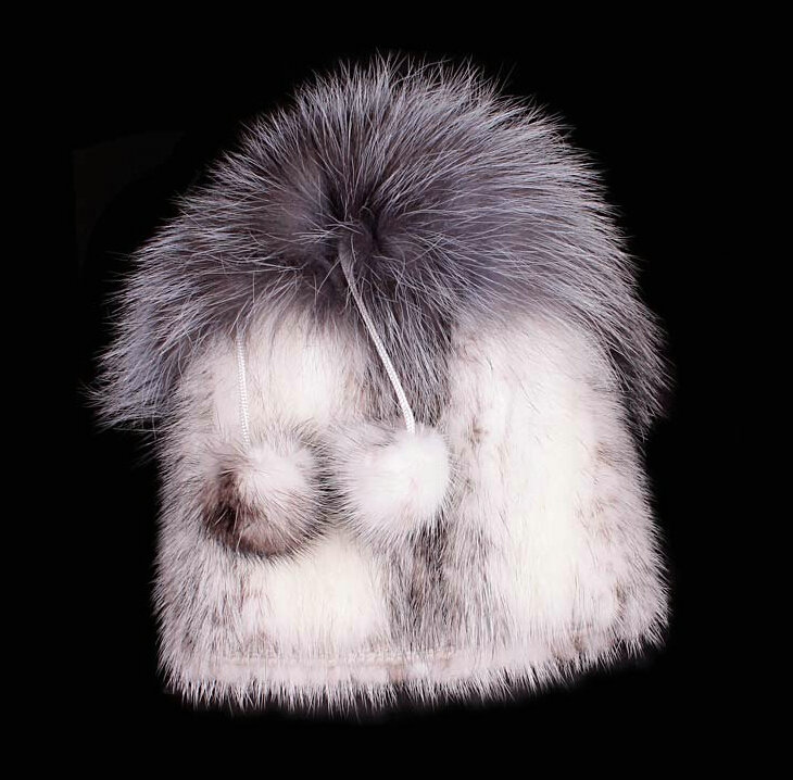 Luxury Women Winter Knitted Beanies Genuine Mink Fur Hat With Silver Fox Fur Pom Poms Top - White Grey