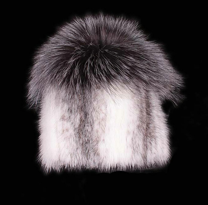 Luxury Women Winter Knitted Beanies Genuine Mink Fur Hat With Silver Fox Fur Pom Poms Top - White Grey