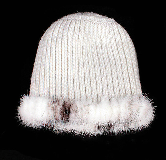 Luxury Women Winter Knitted Beanies Genuine Mink Fur Hat With Silver Fox Fur Pom Poms Top - White Grey
