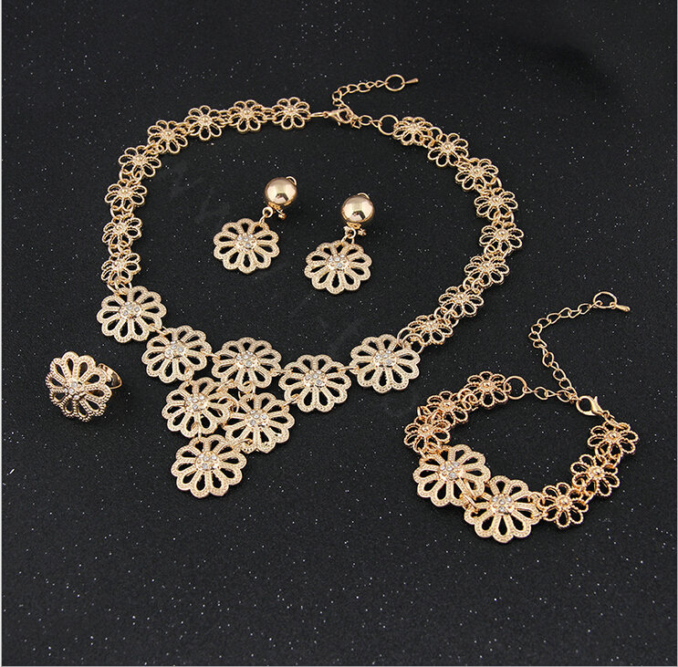 Multilayer Flower Wedding Party Jewelry Sets Crystal Gold Plated Bridal Necklace Earrings Bracelet Ring 4pcs/set