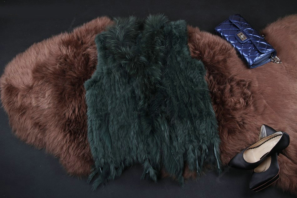 New Arrival Fashion Real Rabbit Fur Vest Raccoon Fur Collar Women Knitted Fur Waistcoat - Army green