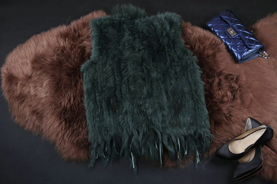 New Arrival Fashion Real Rabbit Fur Vest Raccoon Fur Collar Women Knitted Fur Waistcoat - Army green