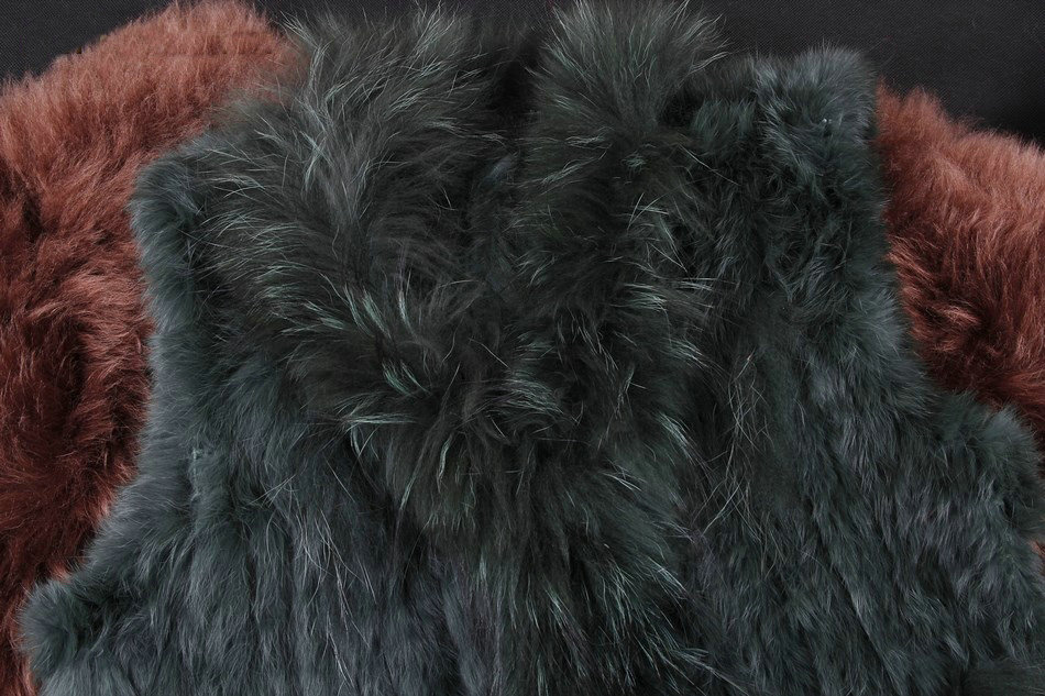 New Arrival Fashion Real Rabbit Fur Vest Raccoon Fur Collar Women Knitted Fur Waistcoat - Army green