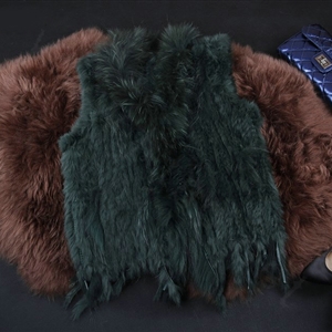 New Arrival Fashion Real Rabbit Fur Vest Raccoon Fur Collar Women Knitted Fur Waistcoat - Army green