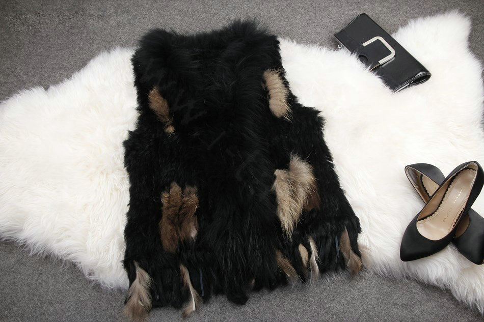 New Arrival Fashion Real Rabbit Fur Vest Raccoon Fur Collar Women Knitted Fur Waistcoat - Black Yellow