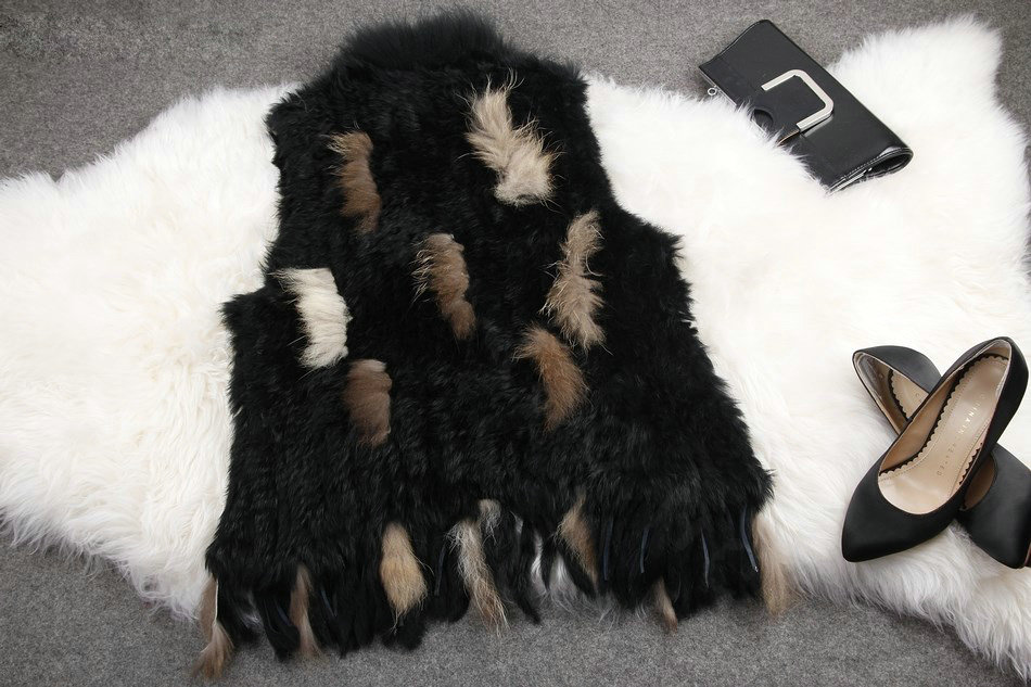 New Arrival Fashion Real Rabbit Fur Vest Raccoon Fur Collar Women Knitted Fur Waistcoat - Black Yellow