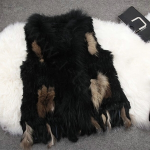 New Arrival Fashion Real Rabbit Fur Vest Raccoon Fur Collar Women Knitted Fur Waistcoat - Black Yellow