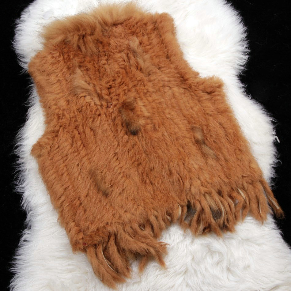 New Arrival Fashion Real Rabbit Fur Vest Raccoon Fur Collar Women Knitted Fur Waistcoat - Brown