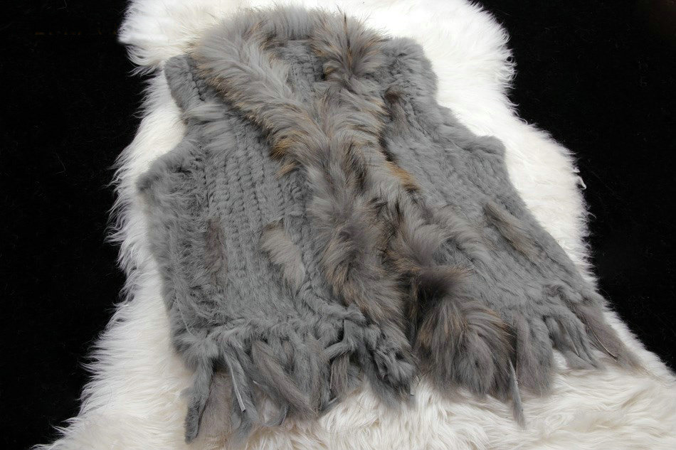 New Arrival Fashion Real Rabbit Fur Vest Raccoon Fur Collar Women Knitted Fur Waistcoat - Grey