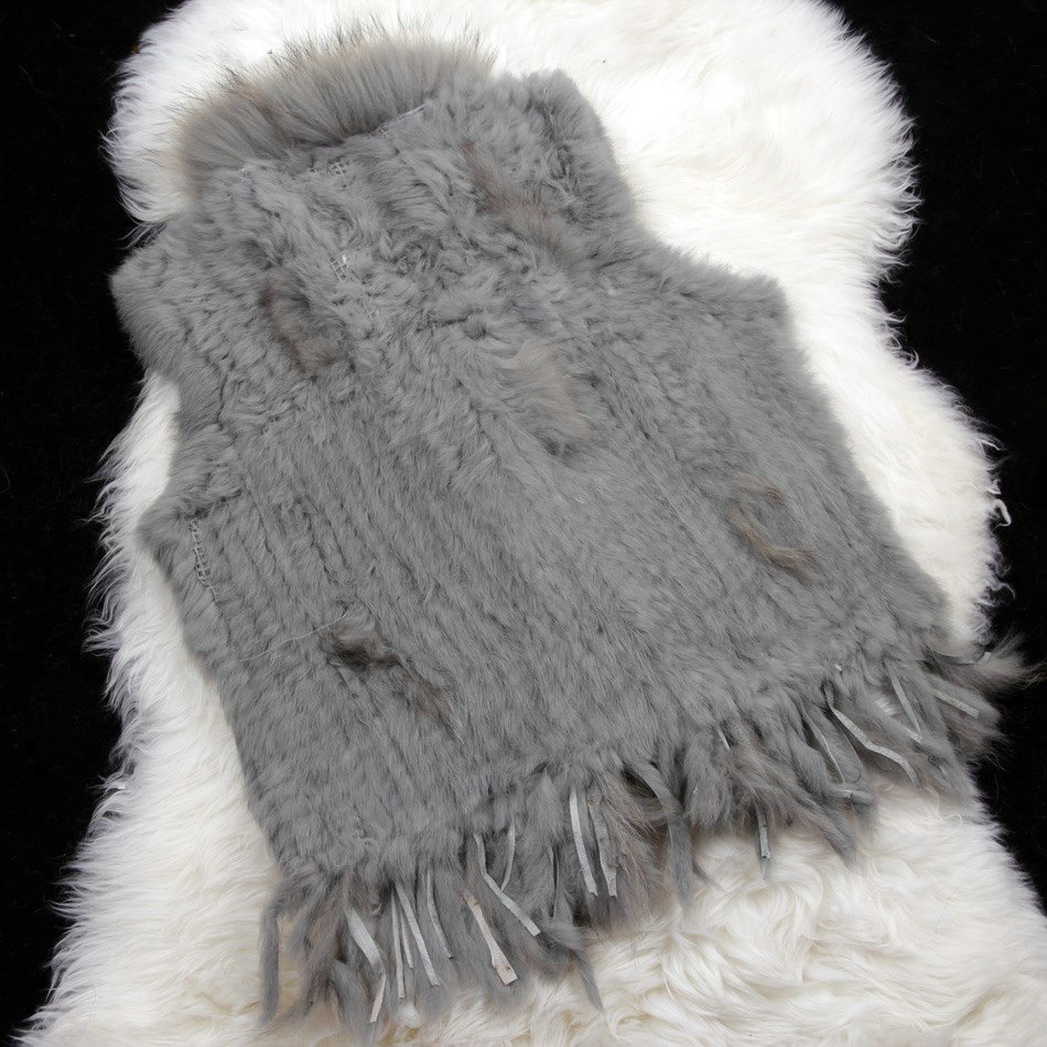 New Arrival Fashion Real Rabbit Fur Vest Raccoon Fur Collar Women Knitted Fur Waistcoat - Grey