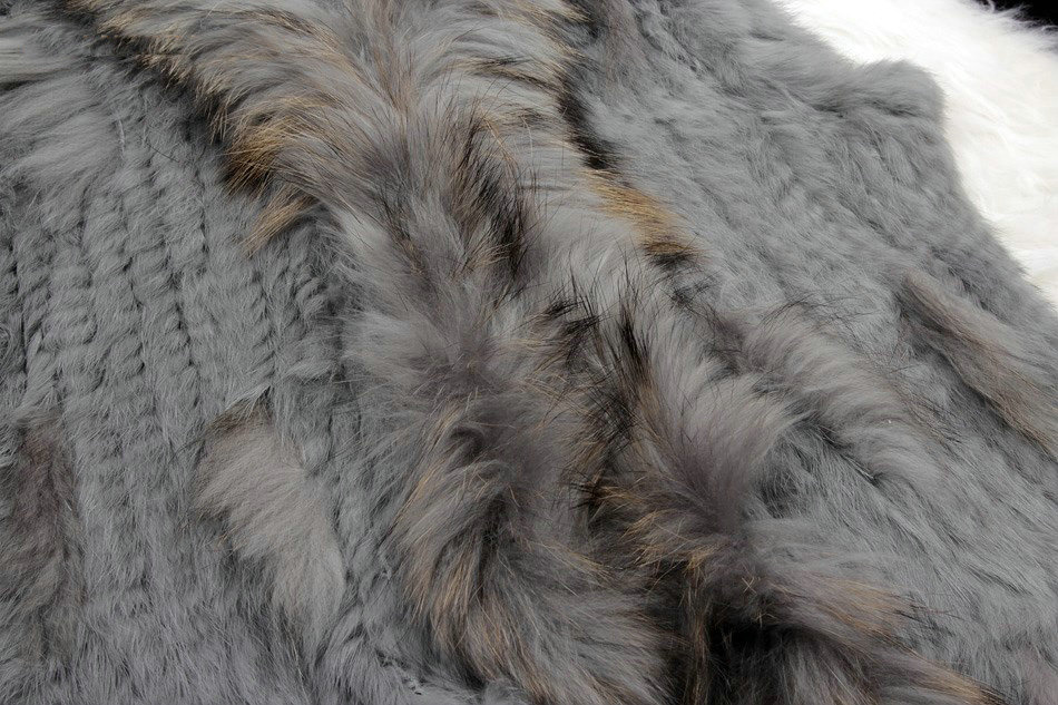 New Arrival Fashion Real Rabbit Fur Vest Raccoon Fur Collar Women Knitted Fur Waistcoat - Grey
