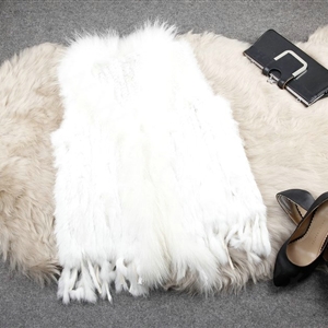 New Arrival Fashion Real Rabbit Fur Vest Raccoon Fur Collar Women Knitted Fur Waistcoat - Pure White