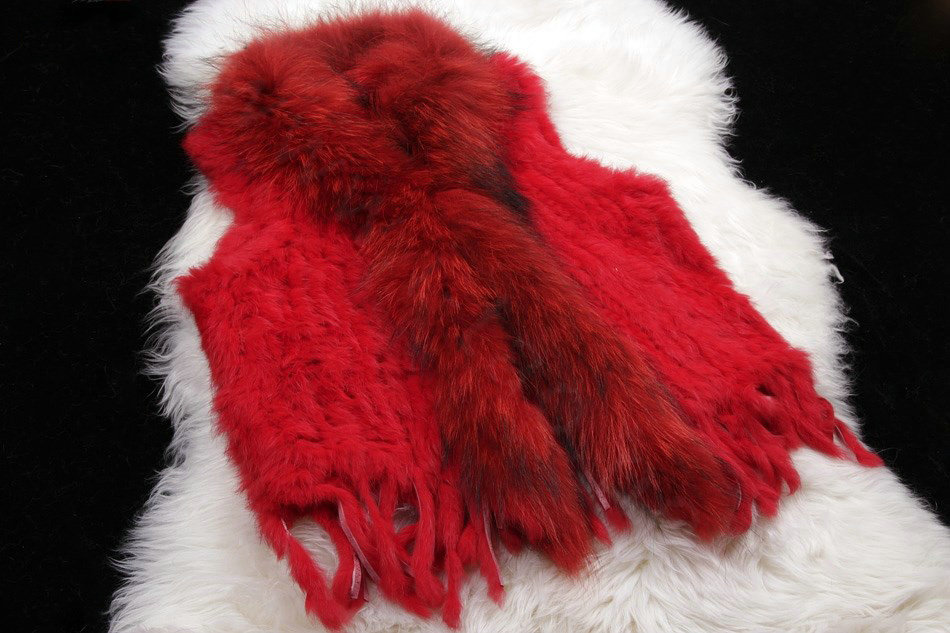 New Arrival Fashion Real Rabbit Fur Vest Raccoon Fur Collar Women Knitted Fur Waistcoat - Red