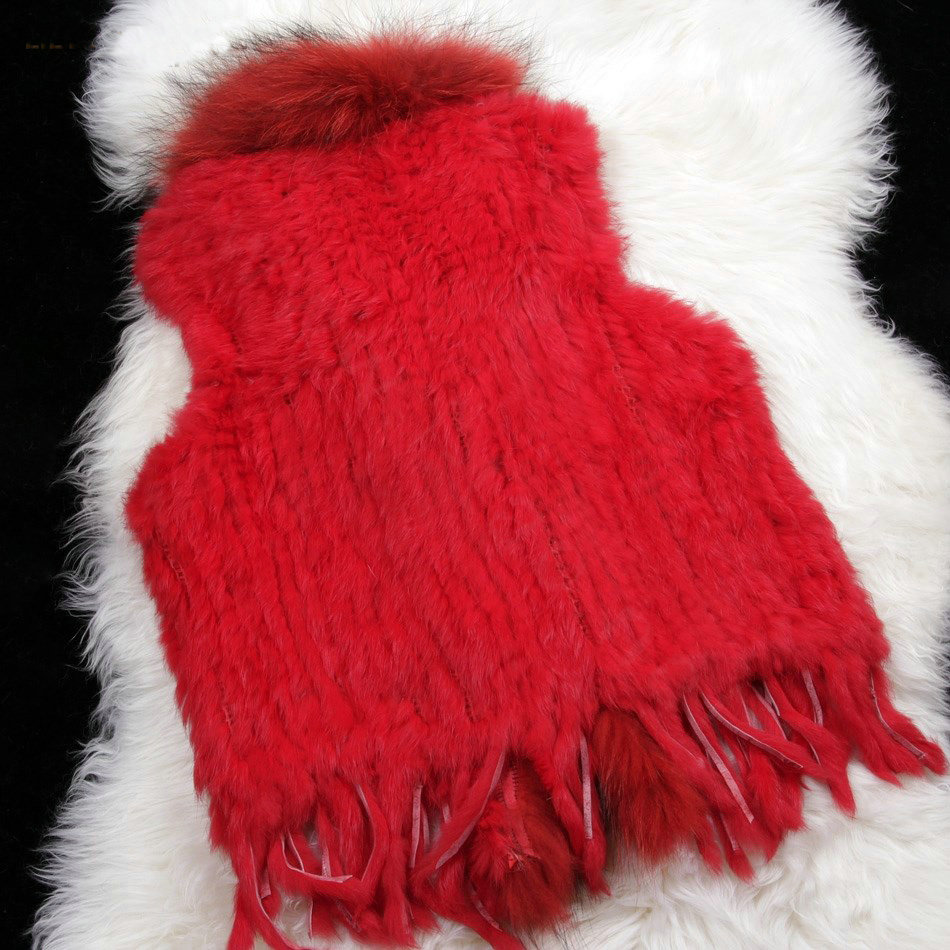 New Arrival Fashion Real Rabbit Fur Vest Raccoon Fur Collar Women Knitted Fur Waistcoat - Red