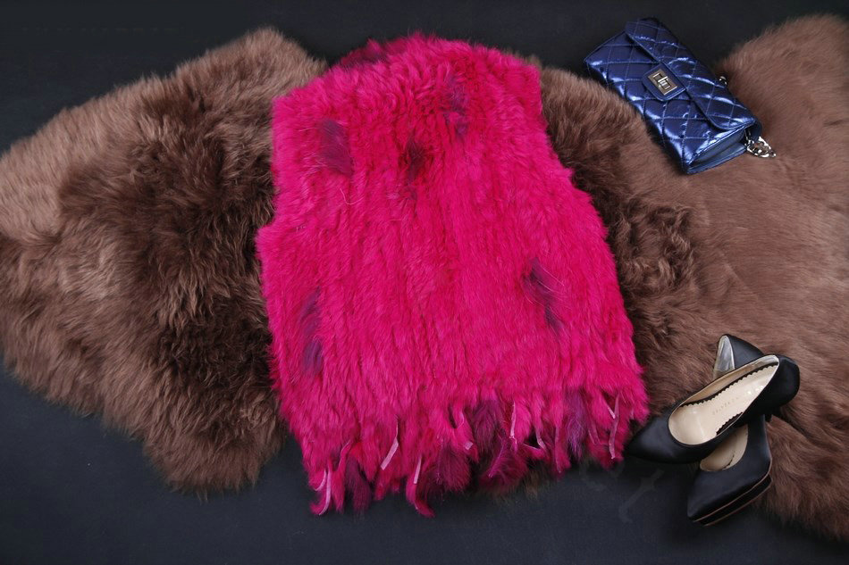 New Arrival Fashion Real Rabbit Fur Vest Raccoon Fur Collar Women Knitted Fur Waistcoat - Rose