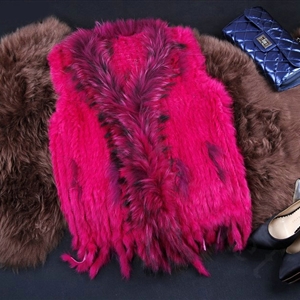 New Arrival Fashion Real Rabbit Fur Vest Raccoon Fur Collar Women Knitted Fur Waistcoat - Rose