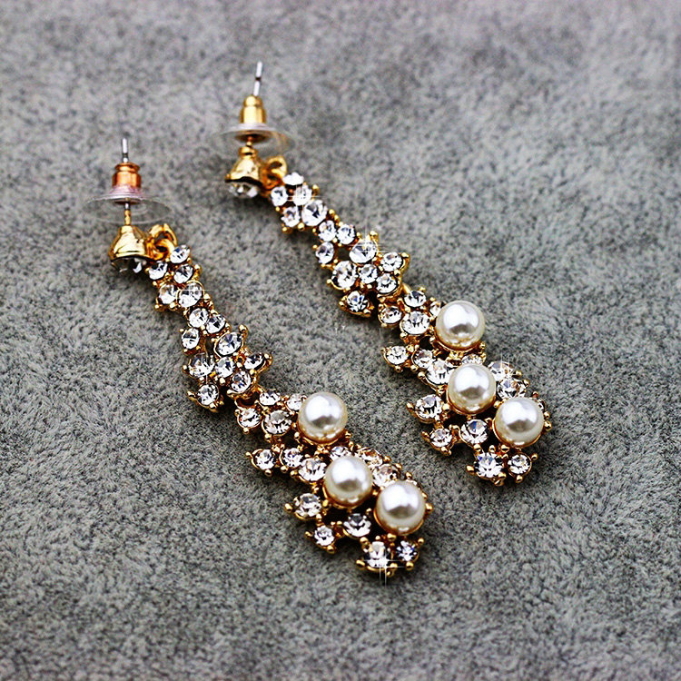 New Arrival Unique Pearl Crystal 14k Gold Plated Long Drop Earrings for Women Banquet Fashion Jewelry