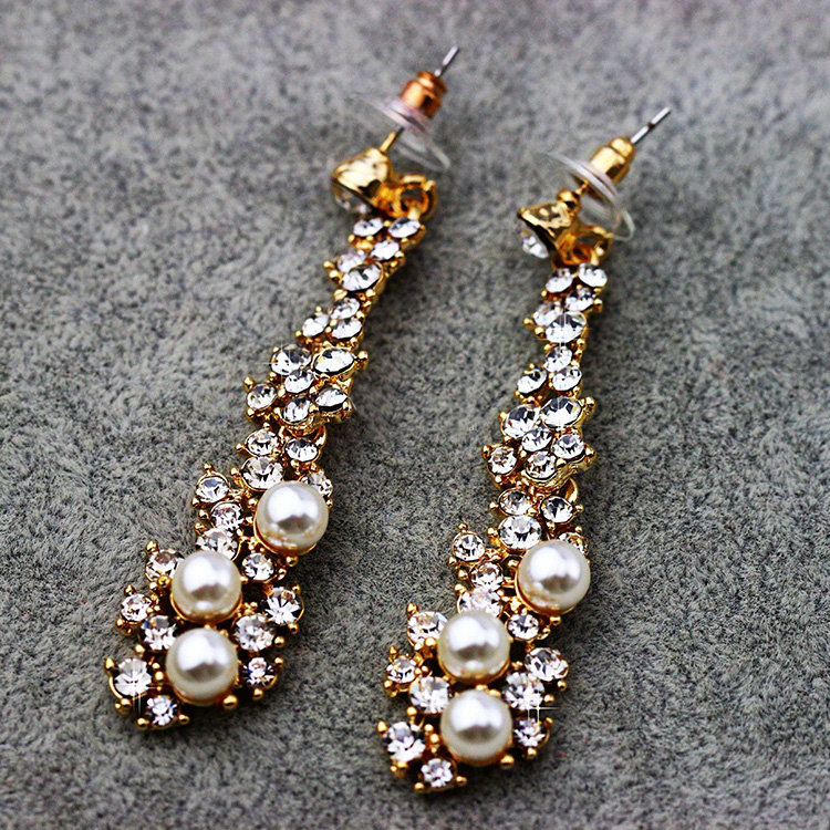 New Arrival Unique Pearl Crystal 14k Gold Plated Long Drop Earrings for Women Banquet Fashion Jewelry
