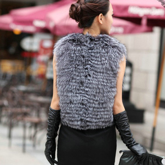 New Delicate Genuine Knitted Natural Silver Fox Fur Vest Women Fashion Fox Fur Waistcoat