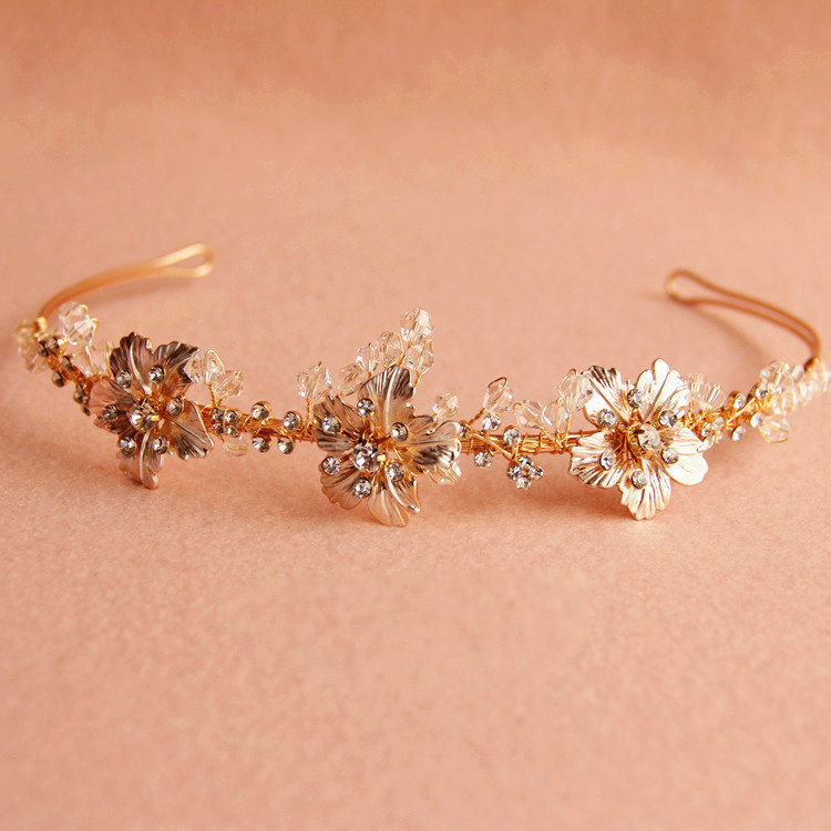 New European Bridal Gold Crystal Beads Flower Wedding Hairbands Women Hair hoop Accessories