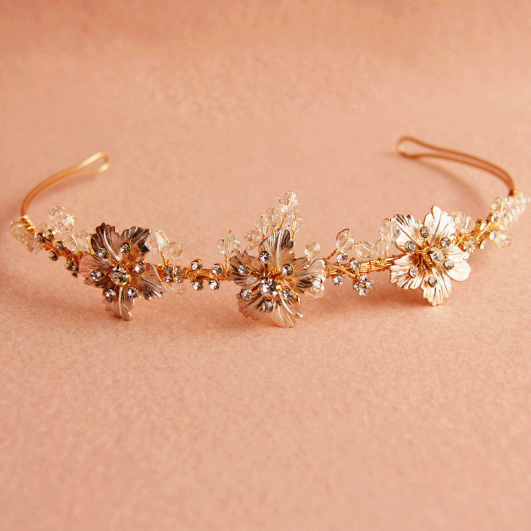 New European Bridal Gold Crystal Beads Flower Wedding Hairbands Women Hair hoop Accessories