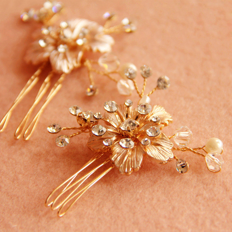 New European Bridal Gold Crystal Beads Flower Wedding Headband Women Hair pin Accessories