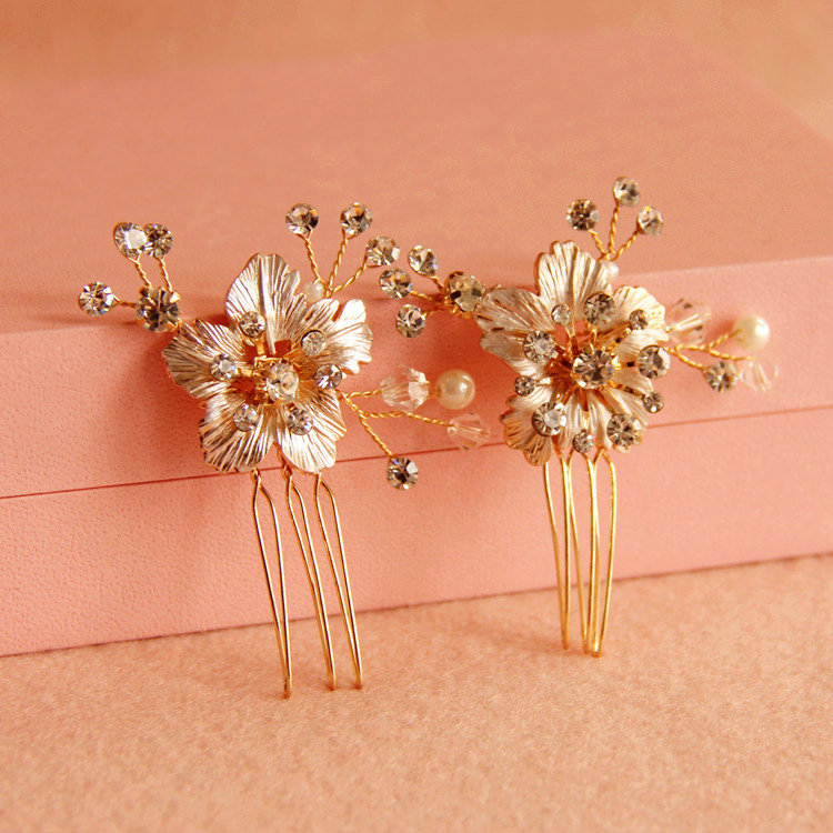 New European Bridal Gold Crystal Beads Flower Wedding Headband Women Hair pin Accessories
