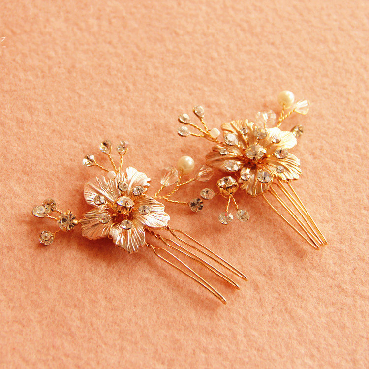 New European Bridal Gold Crystal Beads Flower Wedding Headband Women Hair pin Accessories