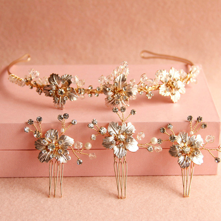 New European Bridal Gold Crystal Beads Flower Wedding Headband Women Hair pin Accessories