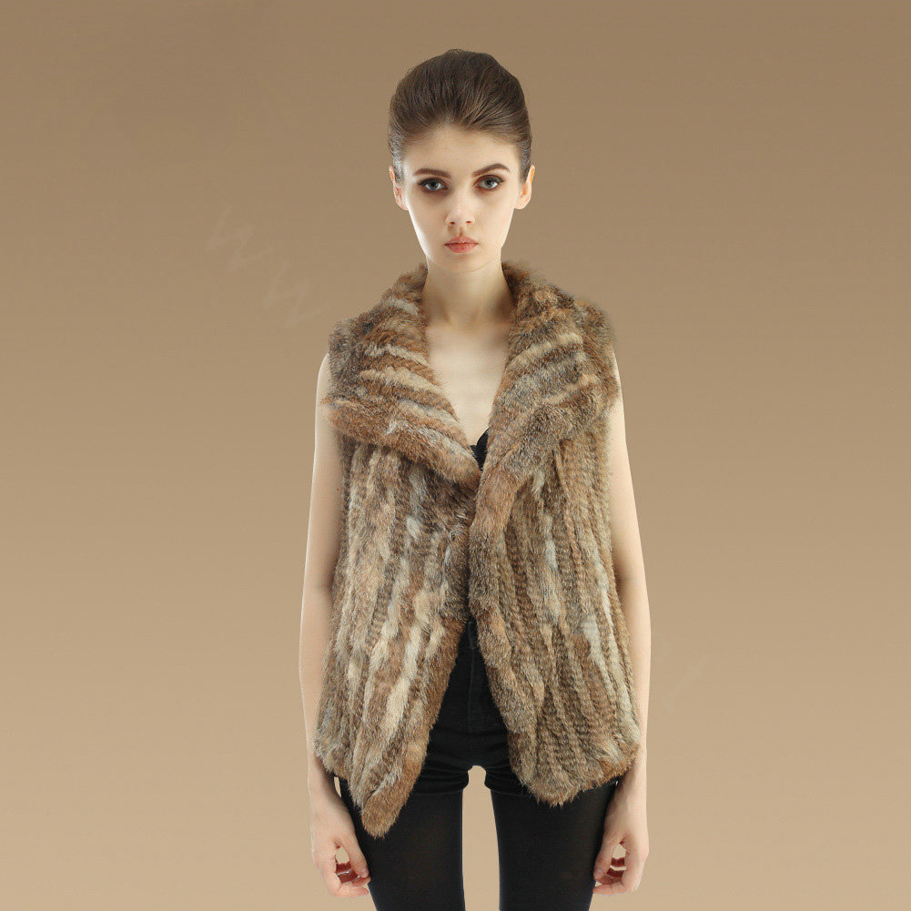 New Fashion Genuine Knitted Nature Rabbit Fur Vest Women Warm Fur Waistcoat - Nature Brown