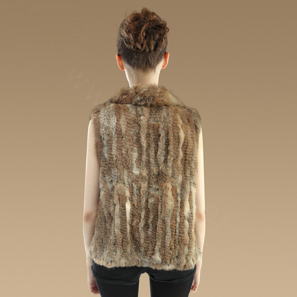 New Fashion Genuine Knitted Nature Rabbit Fur Vest Women Warm Fur Waistcoat - Nature Brown