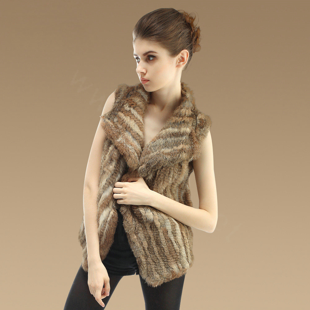 New Fashion Genuine Knitted Nature Rabbit Fur Vest Women Warm Fur Waistcoat - Nature Brown