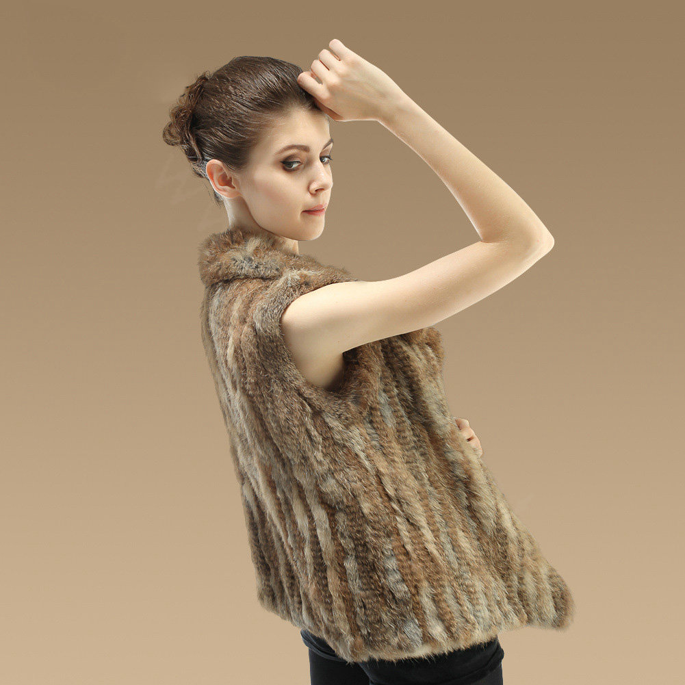 New Fashion Genuine Knitted Nature Rabbit Fur Vest Women Warm Fur Waistcoat - Nature Brown