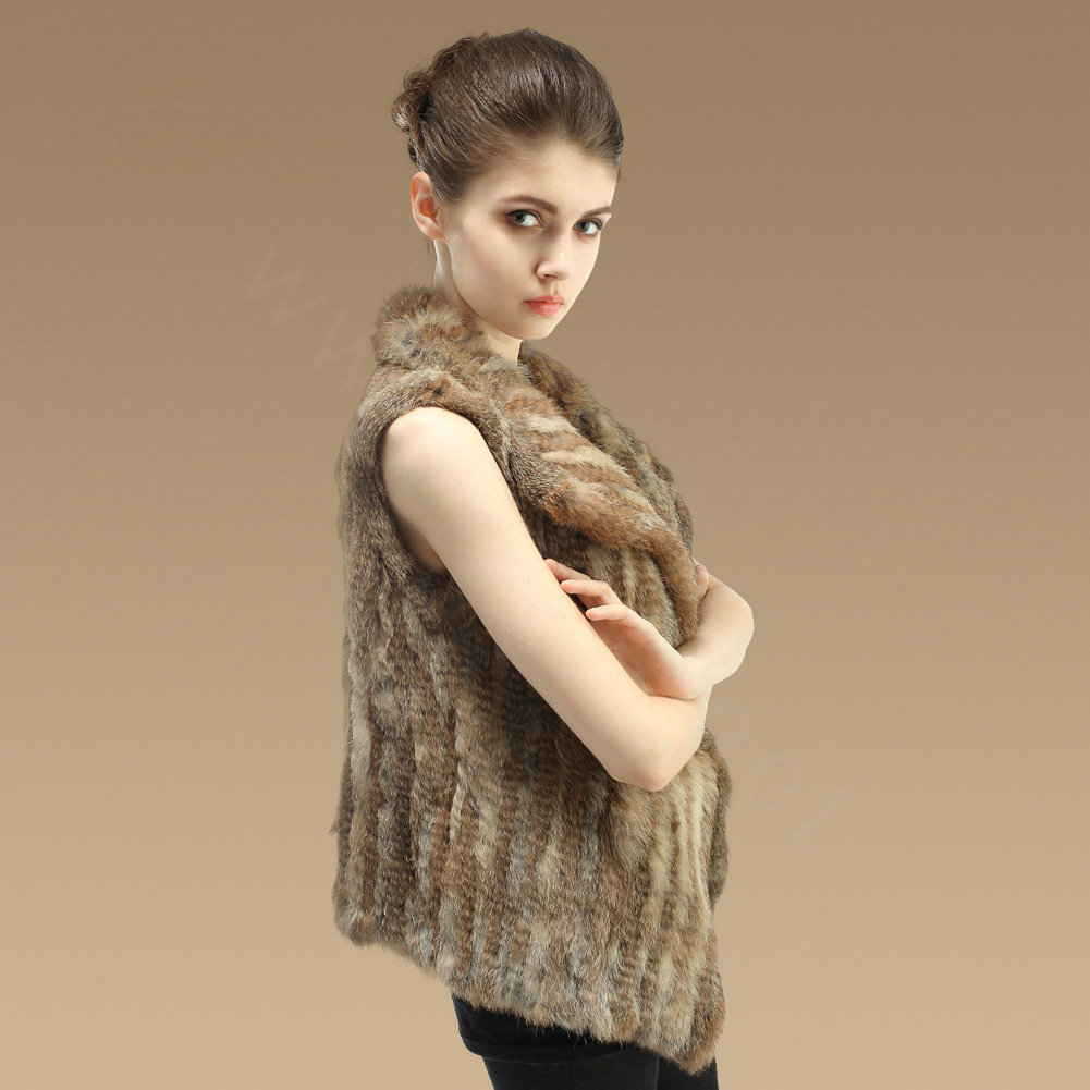 New Fashion Genuine Knitted Nature Rabbit Fur Vest Women Warm Fur Waistcoat - Nature Brown