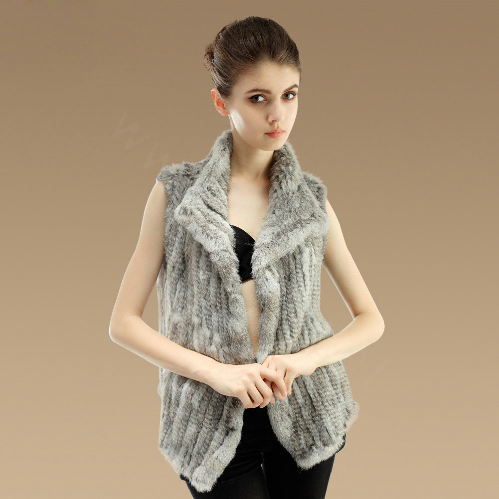 New Fashion Genuine Knitted Nature Rabbit Fur Vest Women Winter Warm Fur Waistcoat - Nature Grey
