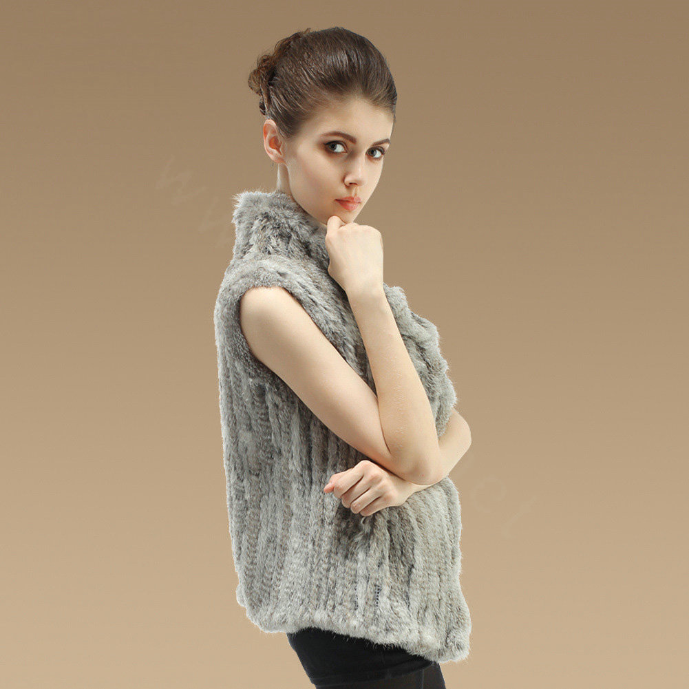 New Fashion Genuine Knitted Nature Rabbit Fur Vest Women Winter Warm Fur Waistcoat - Nature Grey