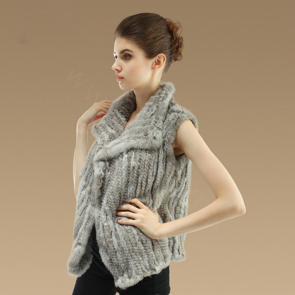 New Fashion Genuine Knitted Nature Rabbit Fur Vest Women Winter Warm Fur Waistcoat - Nature Grey