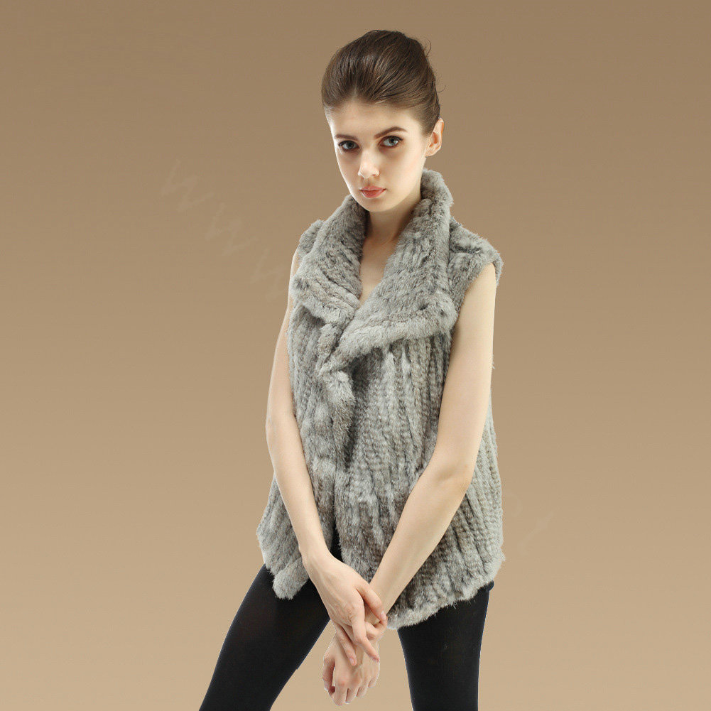 New Fashion Genuine Knitted Nature Rabbit Fur Vest Women Winter Warm Fur Waistcoat - Nature Grey